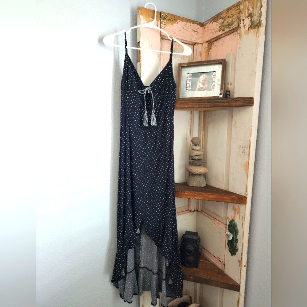 Blue and white poka dot dress